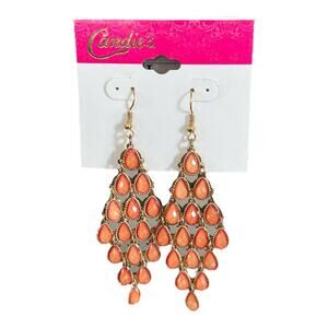 Candies peach tiered chandelier dangle earrings gold tone NWT